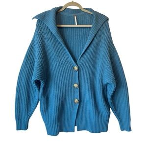 Free People Oversized cardigan Sweater XS Blue Cable knit Pockets Womens FLAW
